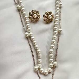 Vintage Pearl Set, Layered necklaces and flower Gold Earrings with Pearl